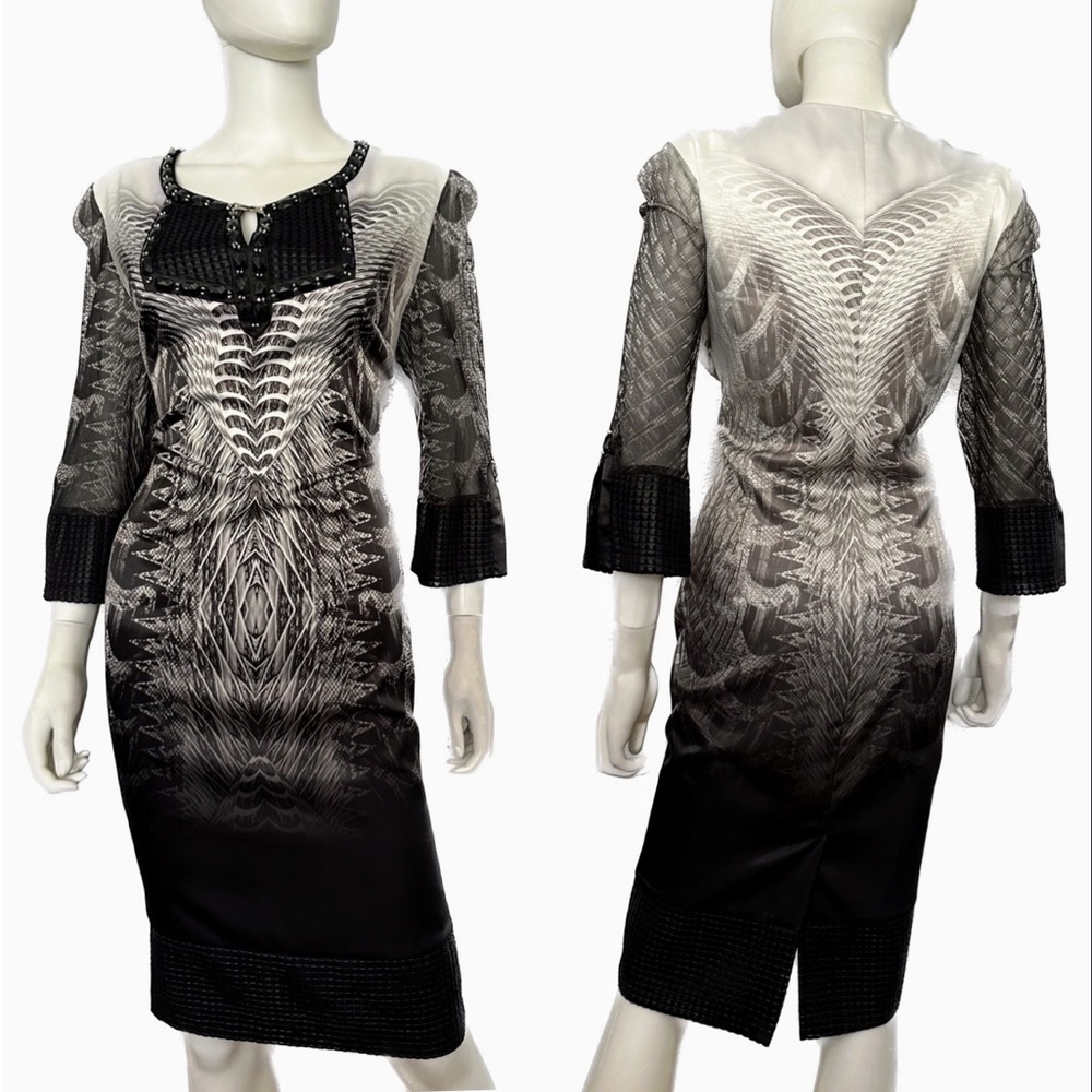 WOMEN PLUS SIZE‎ SATIN DRESS 3/4 SHEER SLEEVES BLACK/WHITE ANIMAL PRINT FORMAL